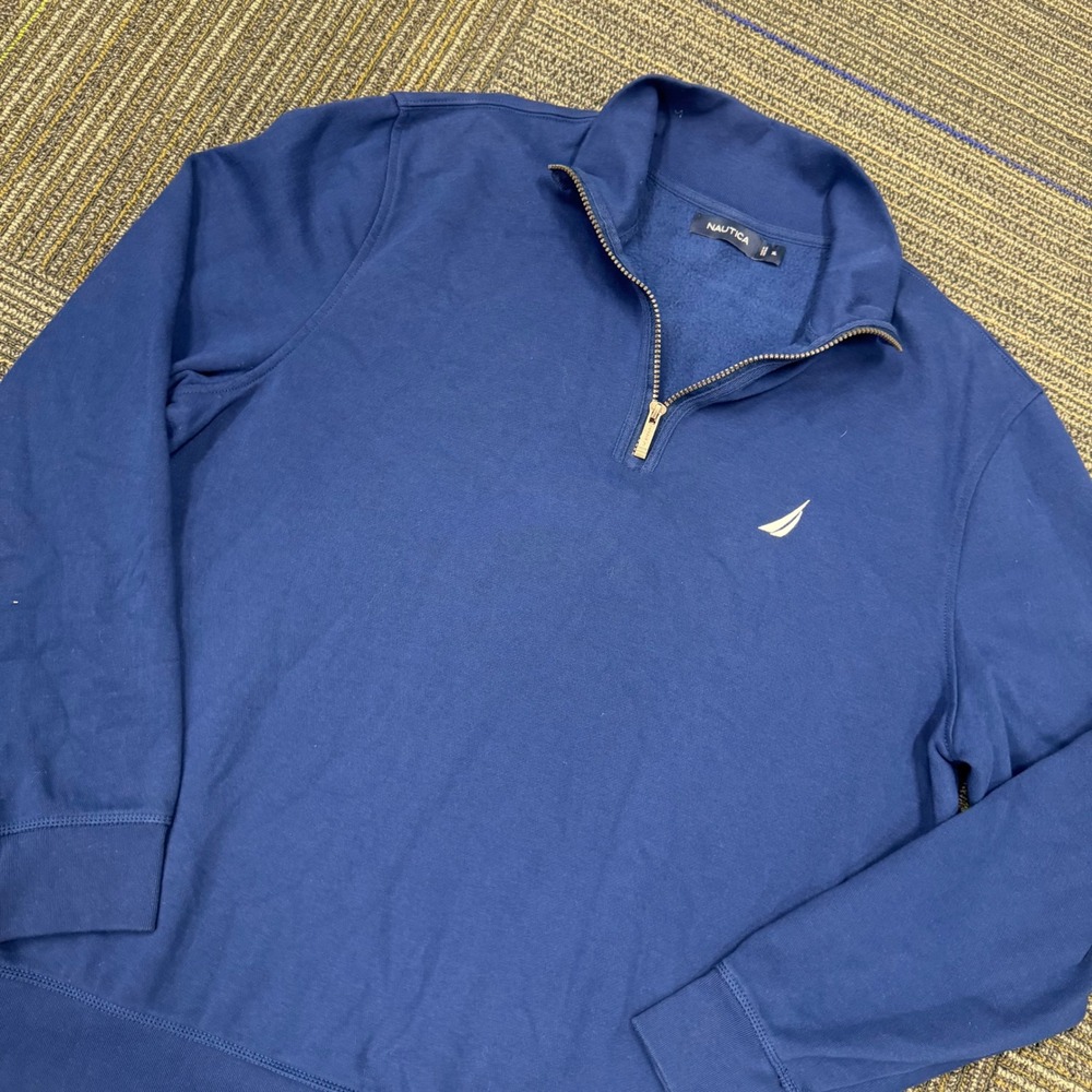 Nautica Quarter Zip Pullover Mens XL Navy Blue Excellent Fleece Mock Neck Logo